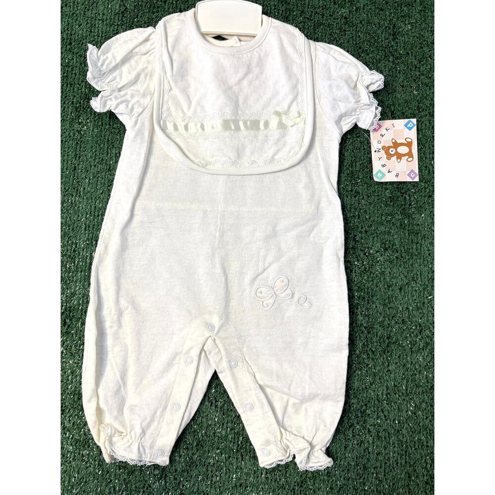 Vintage Y2K Baby Works Jumpsuit & Bib Set Size 3-6 M White Butterfly Embroidery